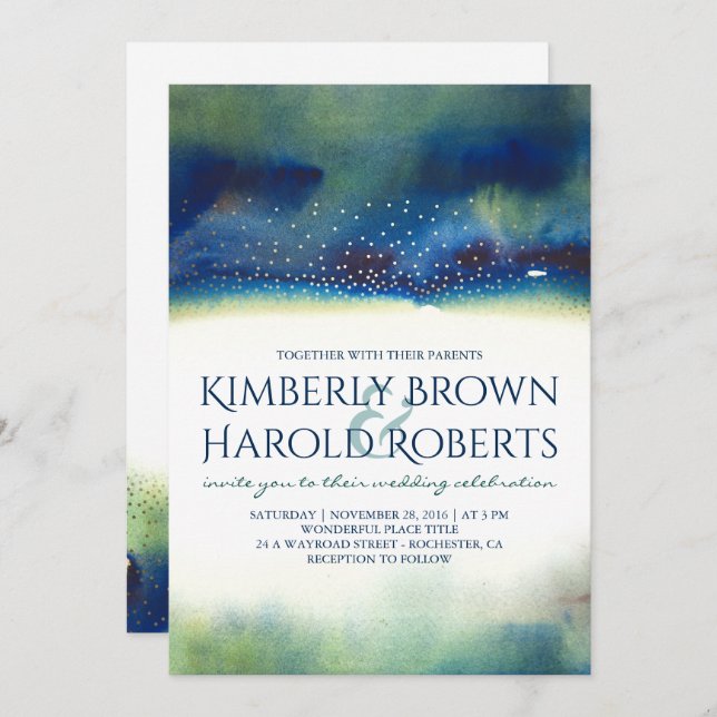 Teal and Gold Dots Modern Watercolor Wedding Invitation (Front/Back)
