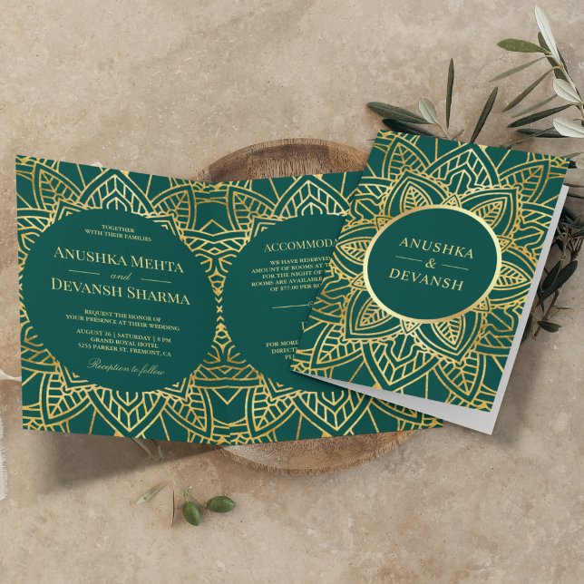 Teal and Gold Ethnic Mandala Indian Wedding Invitation (Creator Uploaded)