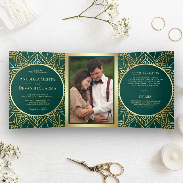 Teal and Gold Ethnic Mandala Indian Wedding Tri-Fold Invitation (Creator Uploaded)
