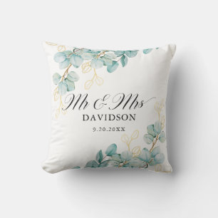 Teal and Gold Eucalyptus Newlyweds Elegant Script Cushion