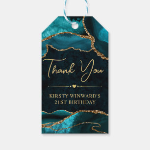 Teal and Gold Faux Glitter Agate Birthday Party Gift Tags