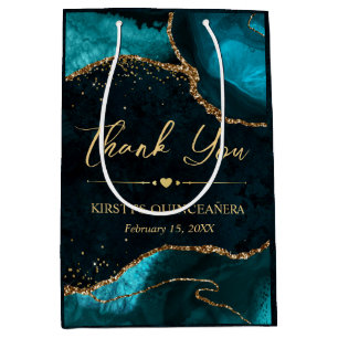 Teal and Gold Faux Glitter Agate Quinceanera Medium Gift Bag