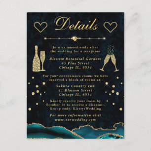 Teal and Gold Faux Glitter Agate Wedding Details Enclosure Card