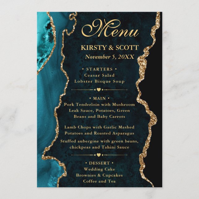 Teal and Gold Faux Glitter Agate Wedding Menu (Front)