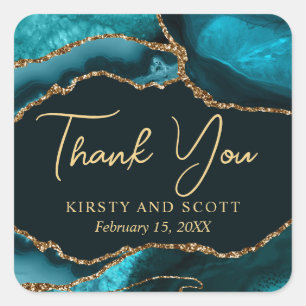 Teal and Gold Faux Glitter Agate Wedding Square Sticker