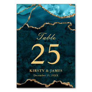 Teal and Gold Faux Glitter Agate Wedding Table Number