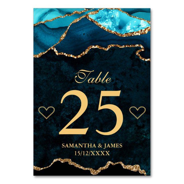 Teal and Gold Faux Glitter Agate Wedding Table Number (Front)
