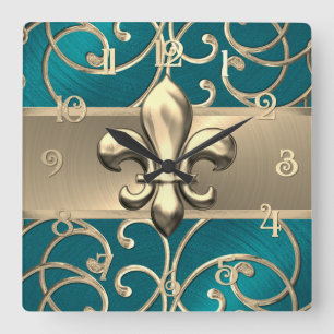Teal and Gold Filigree Swirls Fleur de Lis Square Wall Clock