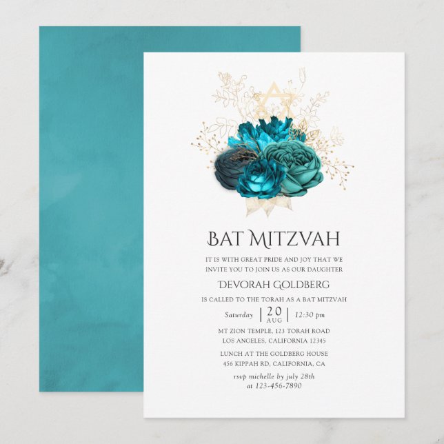 Teal and Gold Floral Bat Mitzvah Invitation (Front/Back)