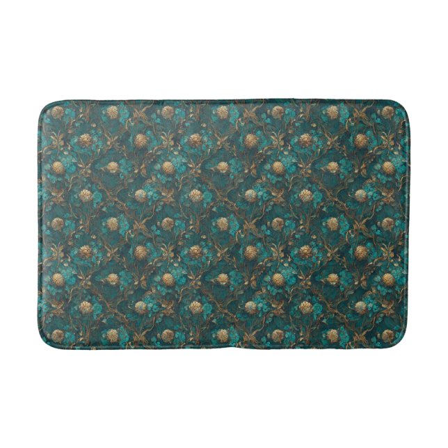 Teal and Gold Floral Bath Mat (Front)