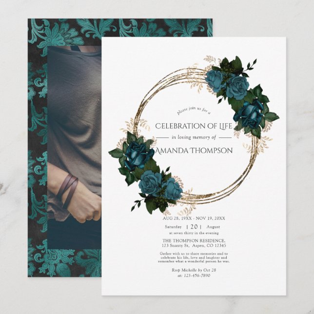 Teal and Gold Floral Celebration of Life Photo Inv Invitation (Front/Back)