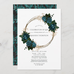Teal and Gold Floral Celebration of Life Photo Inv Invitation
