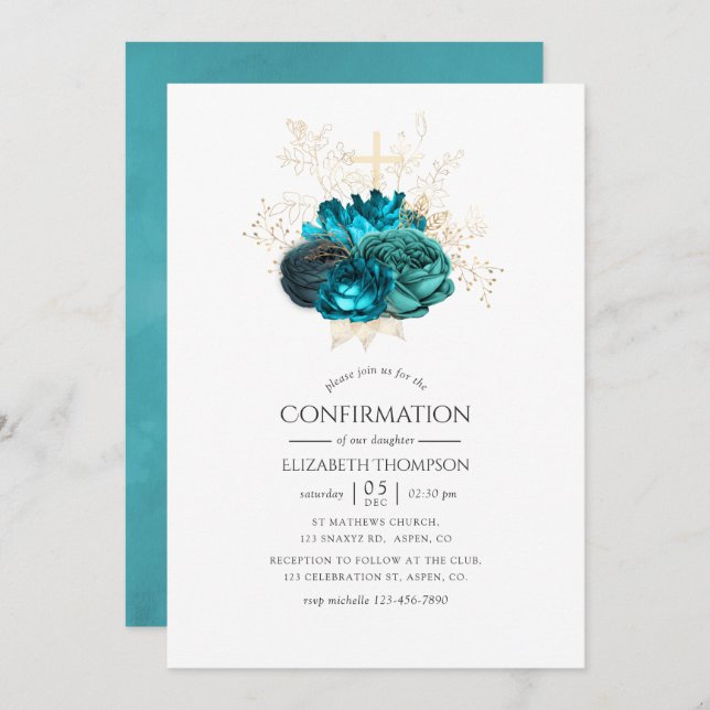 Teal and Gold Floral Confirmation Invitation (Front/Back)