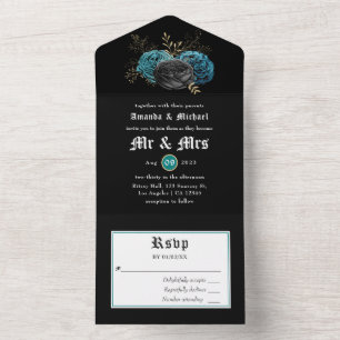 Teal and Gold Floral Gothic Wedding All In One Inv Invitation