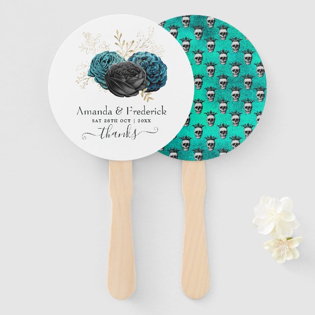 Teal and Gold Floral Gothic Wedding Hand Fan (Front and Back)