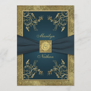 Teal and Gold Floral Monogram Wedding Invitation