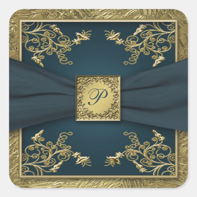 Teal and Gold Floral Monogram Wedding Sticker (Front)