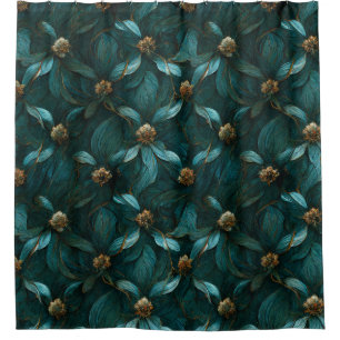 Teal and Gold Floral Pattern Shower Curtain