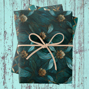 Teal and Gold Floral Pattern Wrapping Paper Sheet