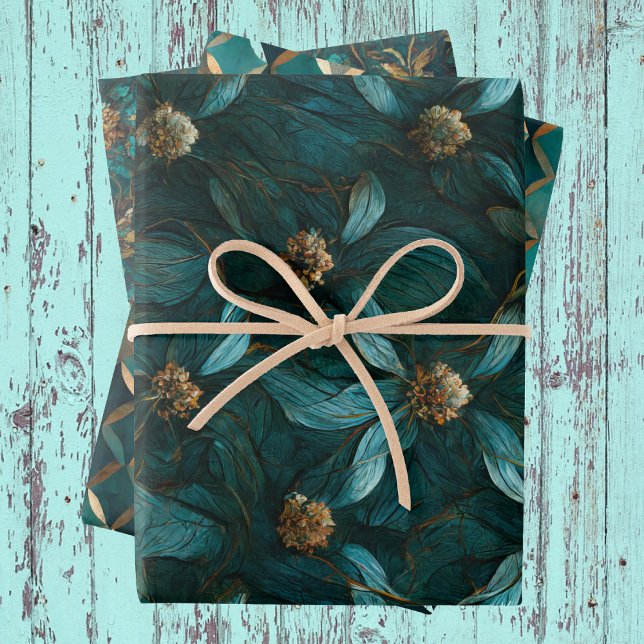 Teal and Gold Floral Pattern  Wrapping Paper Sheet (Creator Uploaded)
