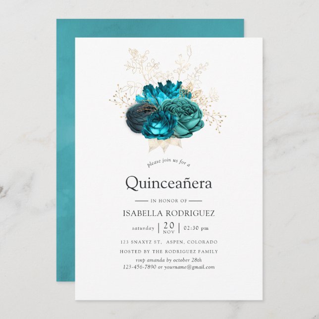 Teal and Gold Floral Quinceañera Invitation (Front/Back)