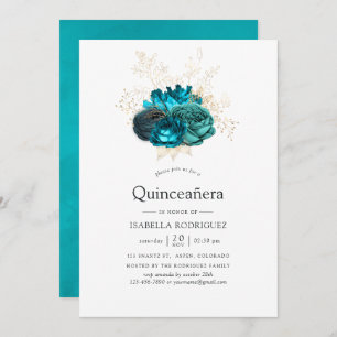 Teal and Gold Floral Quinceañera Invitation