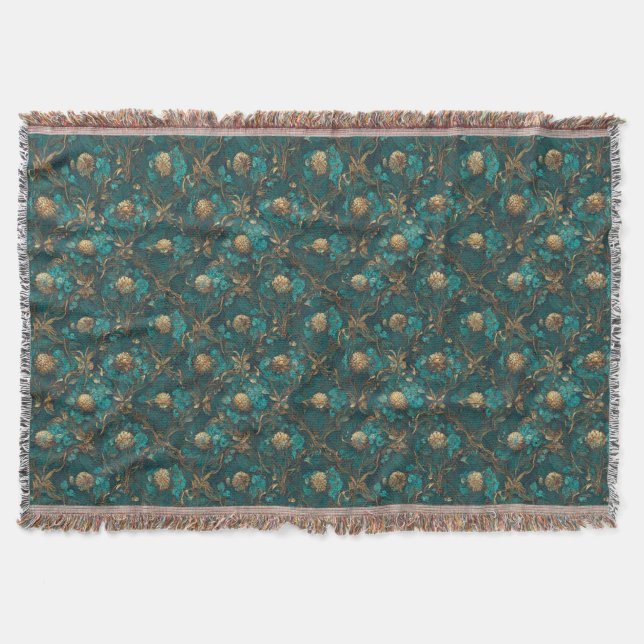 Teal and Gold Floral Throw Blanket (Front)