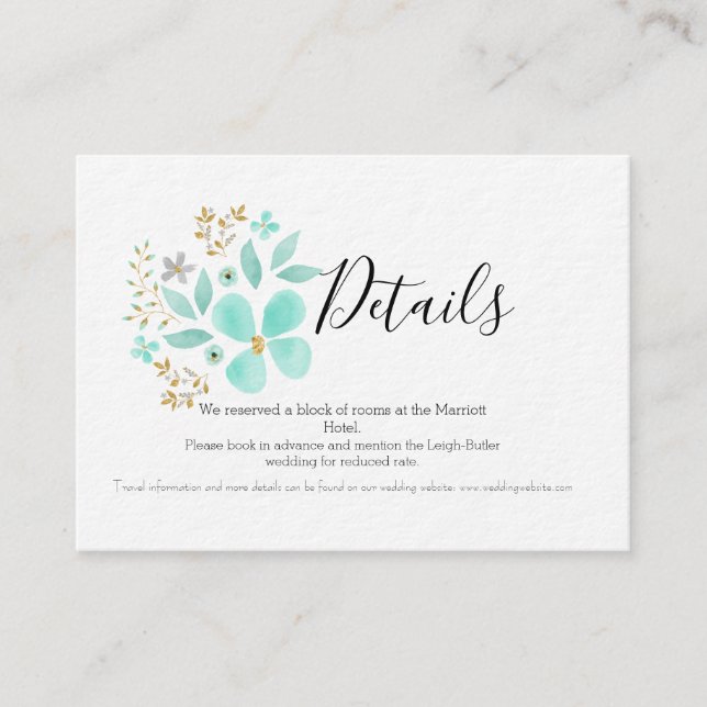 Teal and Gold Floral Wedding Details Card (Front)