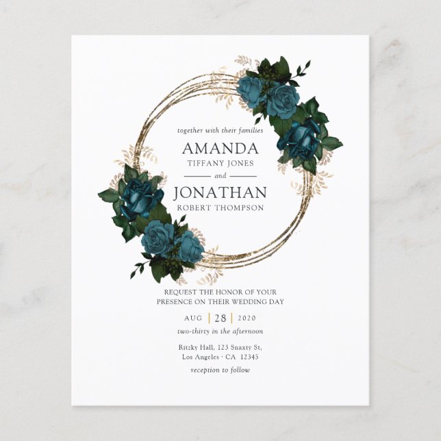 Teal and Gold Floral Wedding Flyer (Front)
