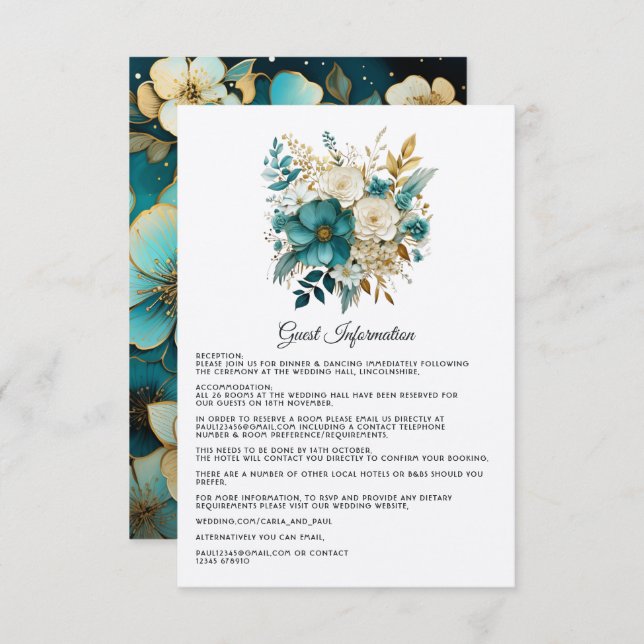 Teal and Gold Floral Wedding Guest Details Enclosure Card (Front/Back)