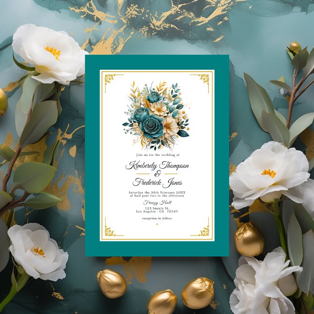 Teal and Gold Floral Wedding Invitation (Teal and Gold Wedding)