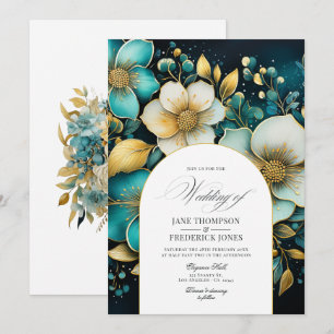Teal and Gold Floral Wedding Invitation