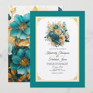 Teal and Gold Floral Wedding Invitation