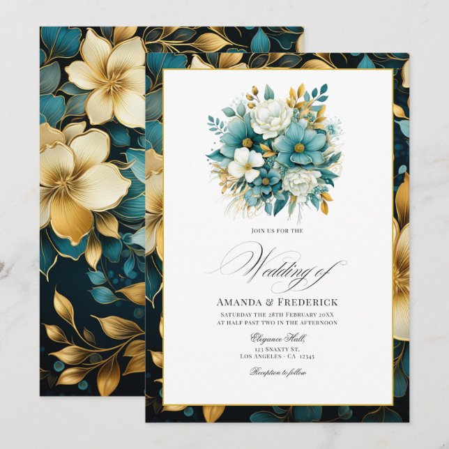Teal and Gold Floral Wedding Invitation (Front/Back)
