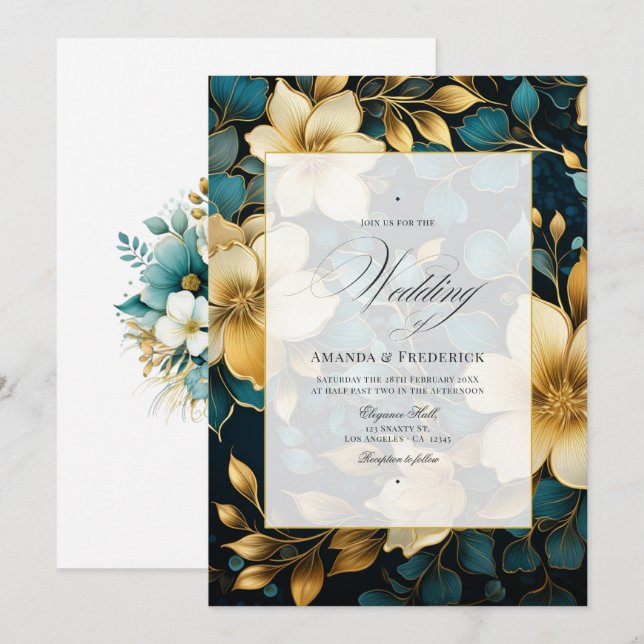 Teal and Gold Floral Wedding Invitation (Front/Back)