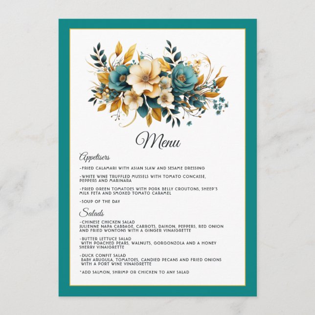 Teal and Gold Floral Wedding Menu (Front)