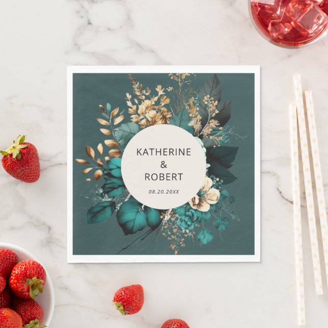 Teal and Gold Floral Wedding Paper Napkin (Insitu)