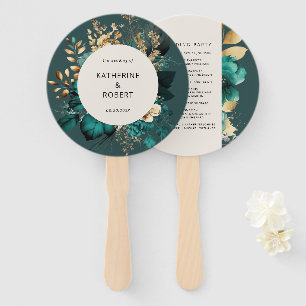 Teal and Gold Floral Wedding Program Hand Fan