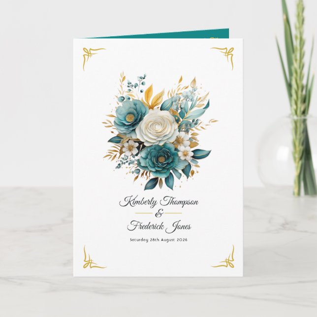 Teal and Gold Floral Wedding Programme (Front)