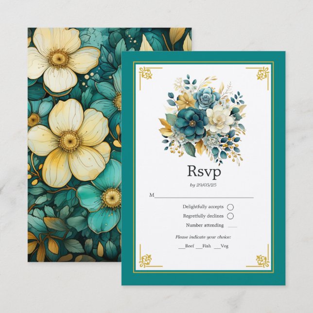Teal and Gold Floral Wedding RSVP Card (Front/Back)