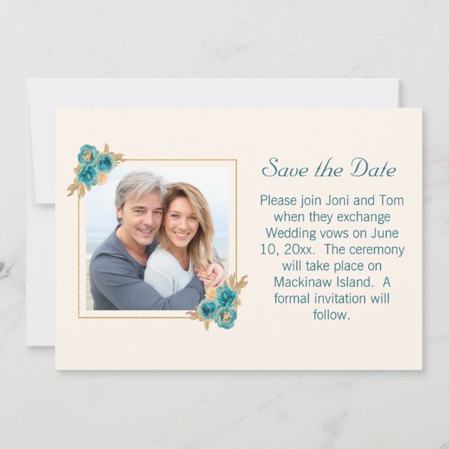 Teal and Gold  Floral Wedding RSVP Save The Date (Front)