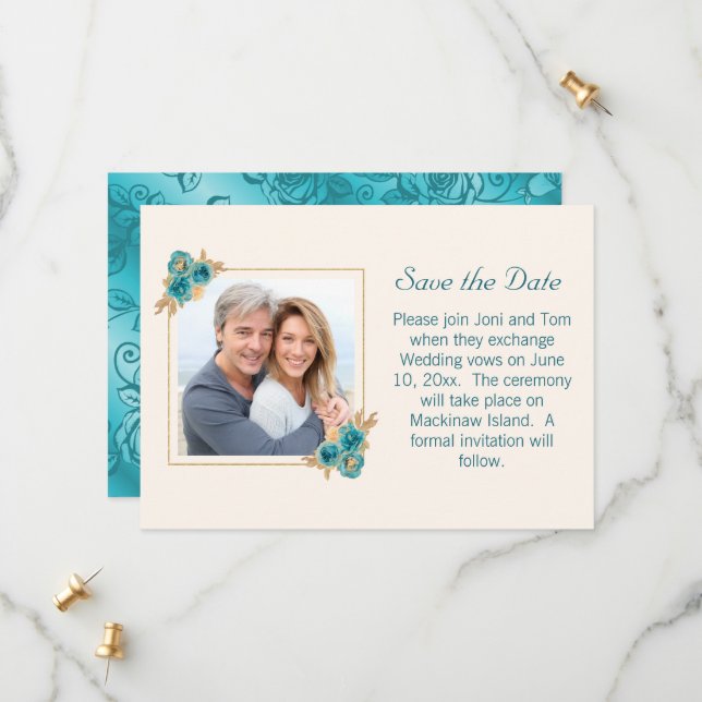 Teal and Gold  Floral Wedding RSVP Save The Date (Front/Back In Situ)
