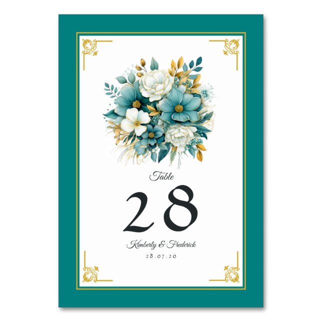 Teal and Gold Floral Wedding Table Number (Front)
