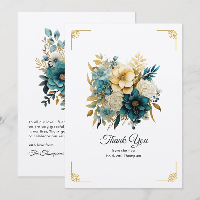 Teal and Gold Floral Wedding Thank You Card (Front/Back)