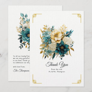 Teal and Gold Floral Wedding Thank You Card