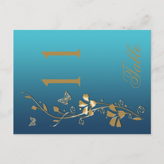 Teal and Gold Floral with Butterflies Table Number Postcard (Front)