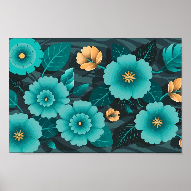 Teal and Gold Floral with Dark green Leaves  Poster (Front)