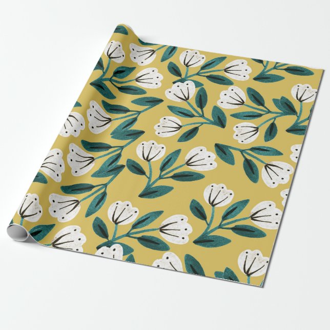 Teal and Gold Floral Wrapping Paper (Unrolled)