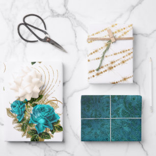 Teal and Gold Floral Wrapping Sheets