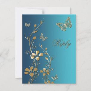 Teal and Gold Flowers and Butterflies Reply Card
